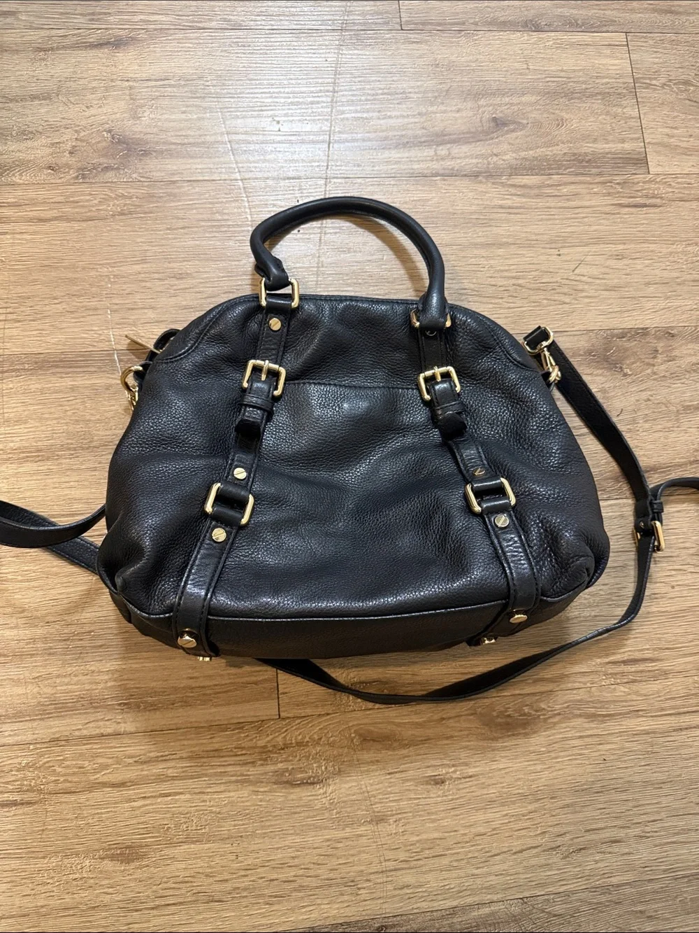 Michael Kors Black Pebbled Leather Shoulder Satchel with Gold Hardware